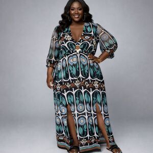 Intempo Women's Multi-Color Boho Psychedelic Floral Maxi XL  Dress